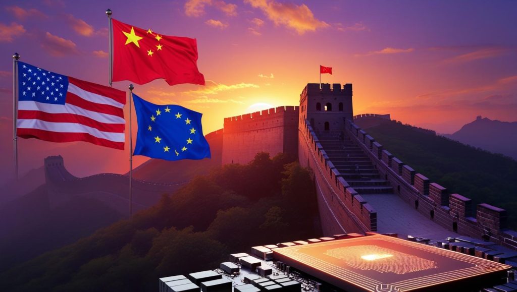 Muraglia cinese sullo sfondo microchip in primo piano e bandiera cinese americana e russa sfumate sulla destra e bandiera europea sulla sinistra con scritta dead 1