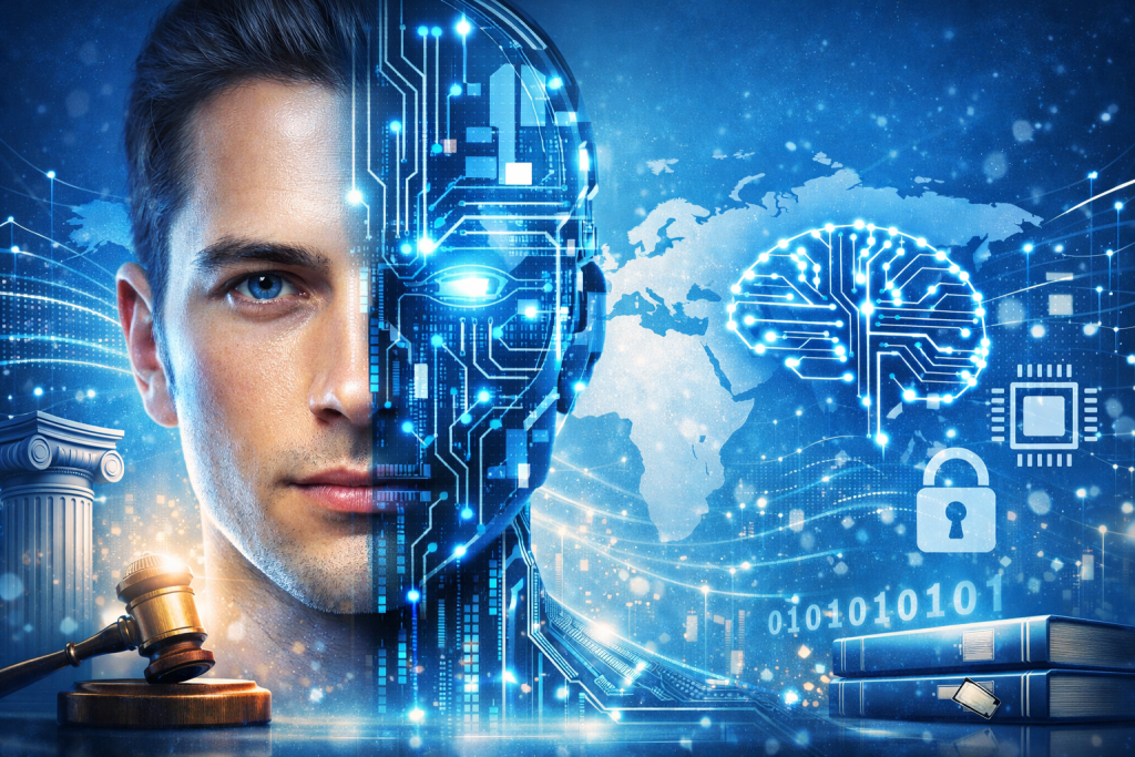  il volto metà umano metà digitale, la mappa del mondo, i chip, i dati, 
