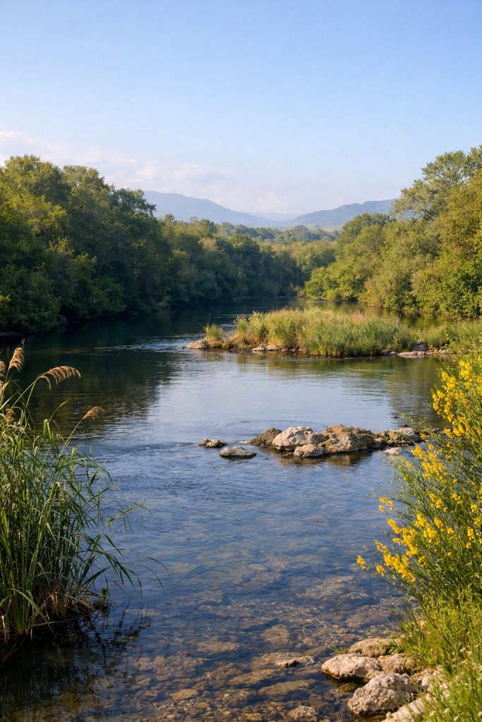 Scatto naturalistico dell’Oasi WWF di Persano con il fiume Sele, vegetazione ripariale e paesaggio incontaminato.